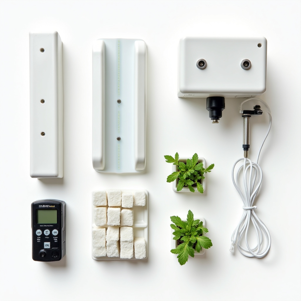 Overhead flat-lay view of hydroponic system components including LED bars, growing channels, nutrient reservoir and seedling trays arranged on a clean white surface