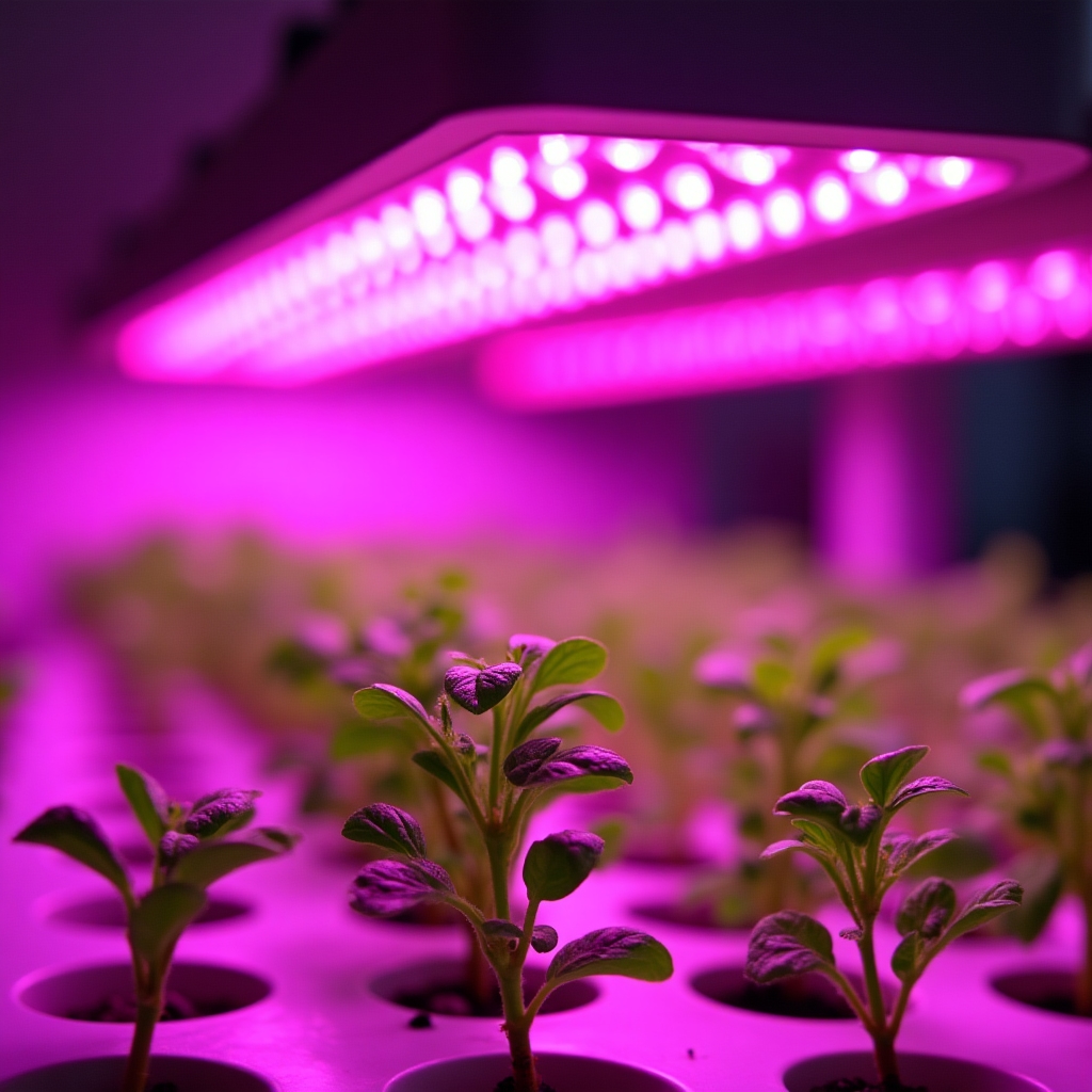 Close-up of full-spectrum LED grow lights illuminating rows of herb seedlings in a modular hydroponic rack