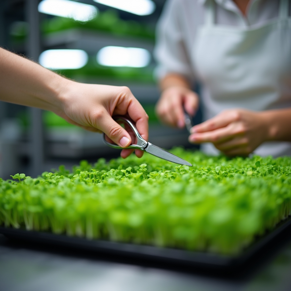 Hands harvesting fresh microgreens from a hydroponic tray under bright LED light in a kitchen setting