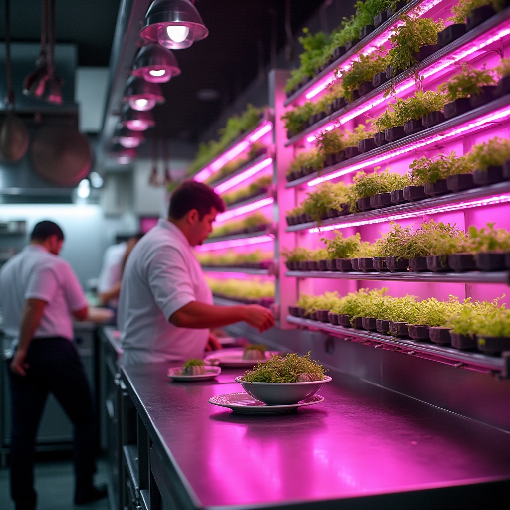 Hydroponic rack installed along a restaurant kitchen wall with chefs working nearby